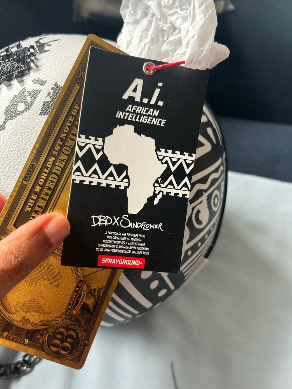 NWT Sprayground x Sandflower AI African Intelligence Round Black & White Bag